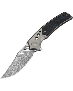 We Knife Skynix Fafnir Damas Steel Blade Gray Titanium Black and Blue CF Handle