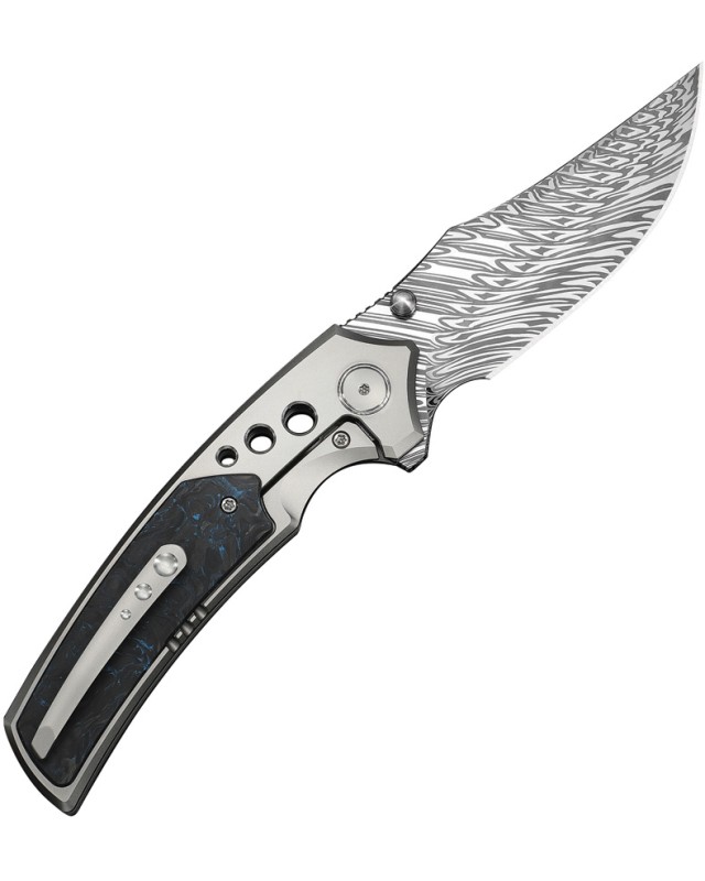 We Knife Skynix Fafnir Damas Steel Blade Gray Titanium Black and Blue CF Handle
