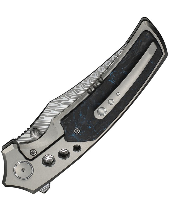 We Knife Skynix Fafnir Damas Steel Blade Gray Titanium Black and Blue CF Handle