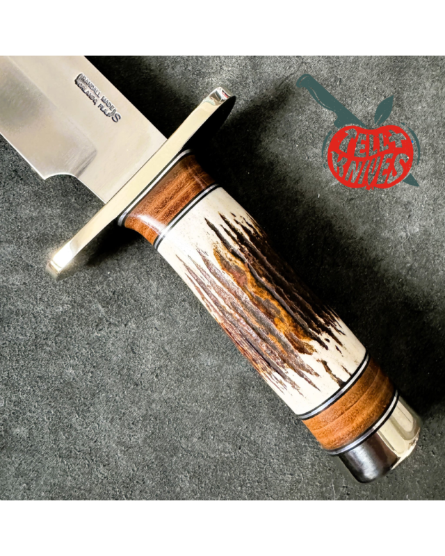 Randall Made Knives Model 12-9 Sportsman forged stainless steel stag and stacked leather handle nickel silver guard and pommel