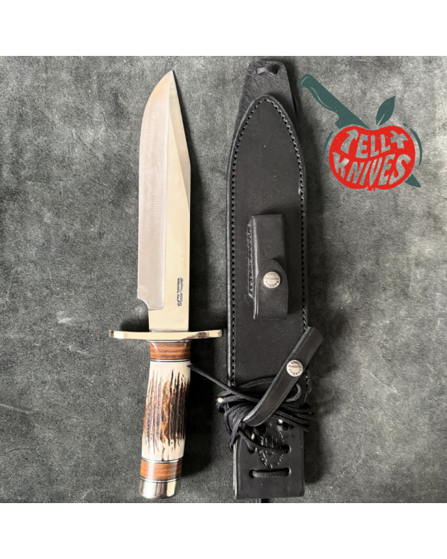 Randall Made Knives Model 12-9 Sportsman forged stainless steel stag and stacked leather handle nickel silver guard and pommel