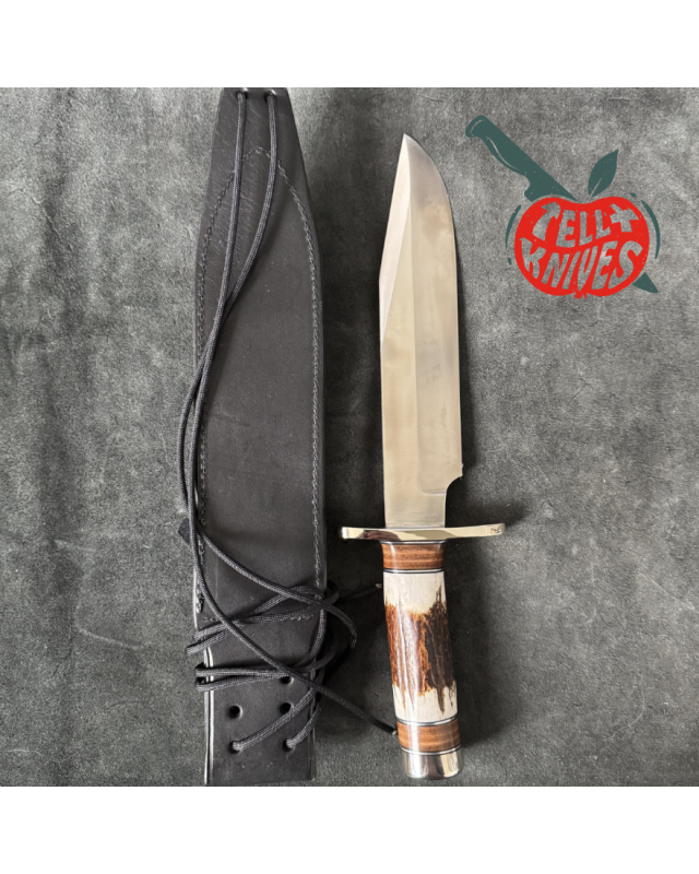 Randall Made Knives Model 12-9 Sportsman forged stainless steel stag and stacked leather handle nickel silver guard and pommel