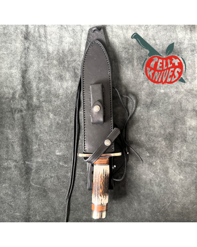 Randall Made Knives Model 12-9 Sportsman forged stainless steel stag and stacked leather handle nickel silver guard and pommel