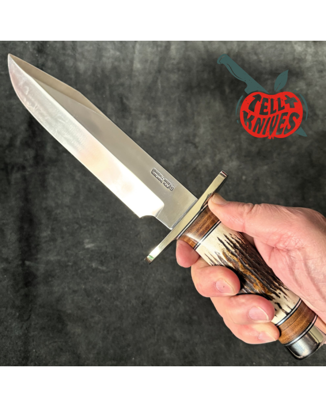 Randall Made Knives Model 12-9 Sportsman forged stainless steel stag and stacked leather handle nickel silver guard and pommel