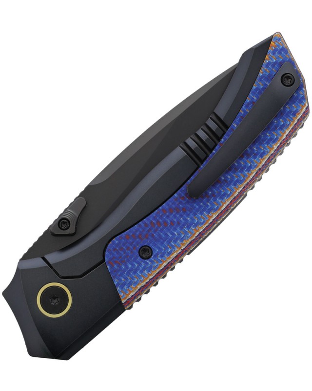Remette Steed Button Black DLC Pearlescent M390 Steel Blade Black and Blue Titanium Handle