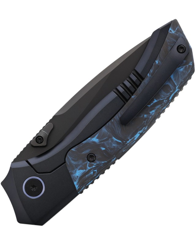 Remette Steed Button  Pearlescent Black DLC M390 Steel Blade Blue and Black Titanium Handle