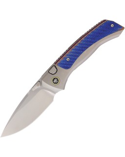 Remette Steed Button Pearlescent M390 Steel Blade Sand Blasted Blue Titanium Carbon Fiber Handle