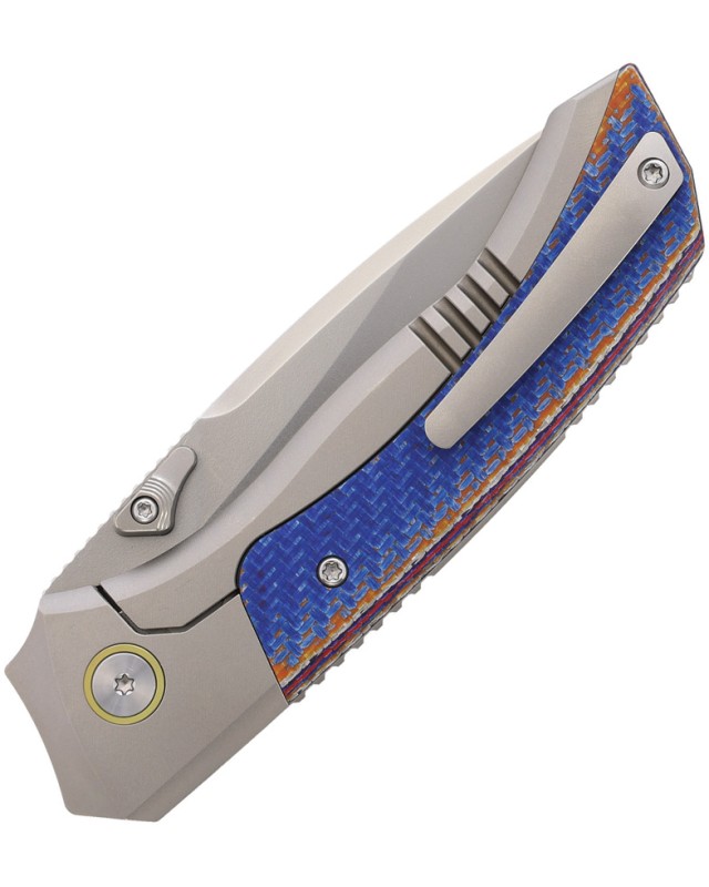 Remette Steed Button Pearlescent M390 Steel Blade Sand Blasted Blue Titanium Carbon Fiber Handle