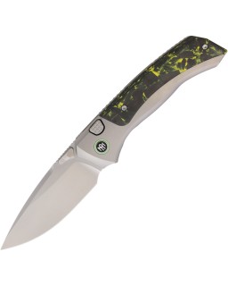 Remette Steed Button Framelock Pearlescent M390 Steel Blade Yellow Sand Blasted Titanium and Carbon Fiber Handle