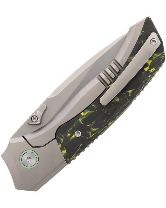 Remette Steed Button Framelock Pearlescent M390 Steel Blade Yellow Sand Blasted Titanium and Carbon Fiber Handle