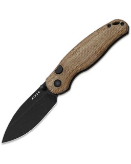 Kizer Phoca BD Button Lock Black Stonewashed 14C28N Sandvik Steel Blade Brown Canva Micarta Handle