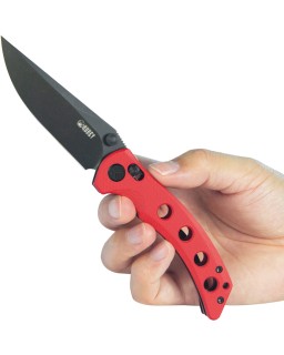 Kubey Hound Crossbar Lock Blackwash 14C28N Stainless Steel Blade Red G10 Handle