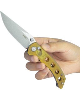 Kubey Hound Crossbar Lock Stonewash 14C28N Sandvik Stainless Steel Blade Ultem Handle