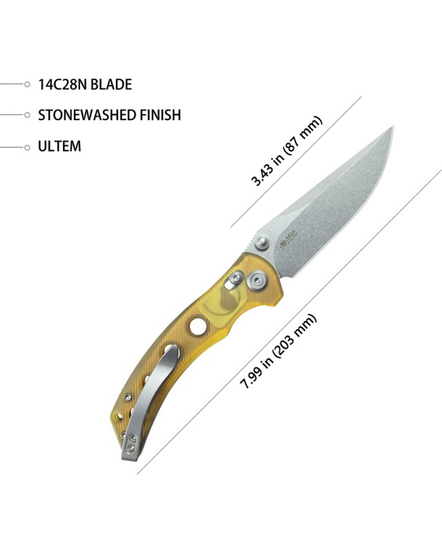 Kubey Hound Crossbar Lock Stonewash 14C28N Sandvik Stainless Steel Blade Ultem Handle