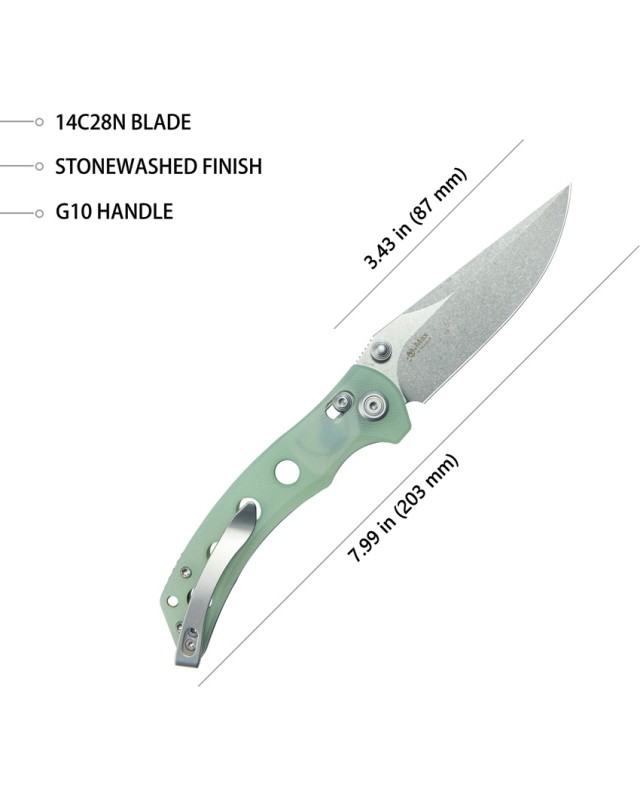 Kubey Hound Crossbar Lock Stonewash 14C28N Sandvik Stainless Steel Jade G10 Handle