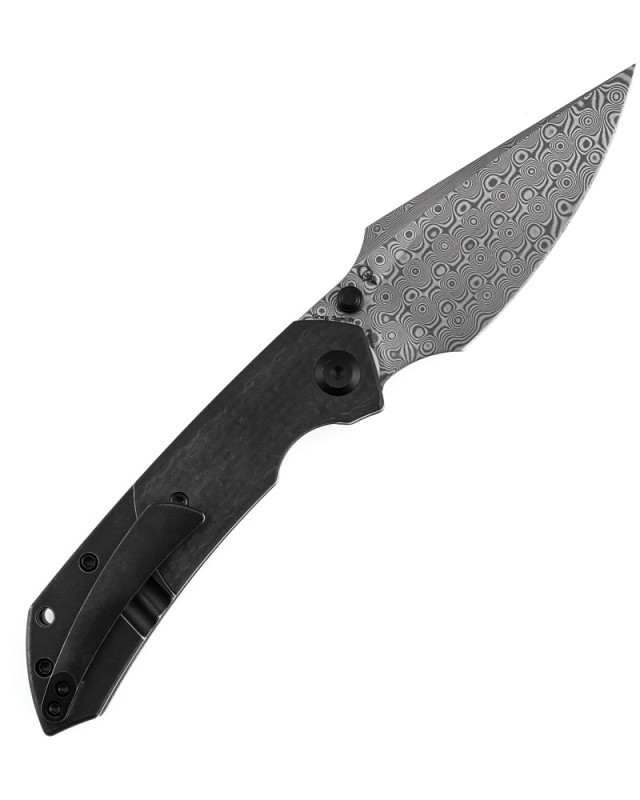 Kansept Fenrir Crossbar Lock Blackwash Damascus Steel Blade Black G10 Carbon Fiber Handle