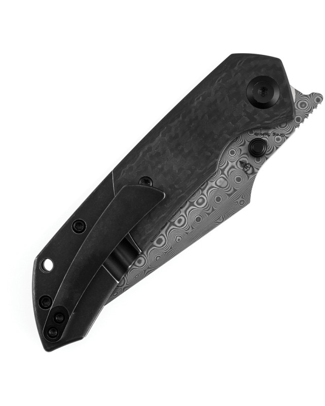 Kansept Fenrir Crossbar Lock Blackwash Damascus Steel Blade Black G10 Carbon Fiber Handle