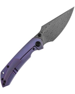 Kansept Fenrir Framelock Damascus Steel Blade Purple Anodized Titanium Handle