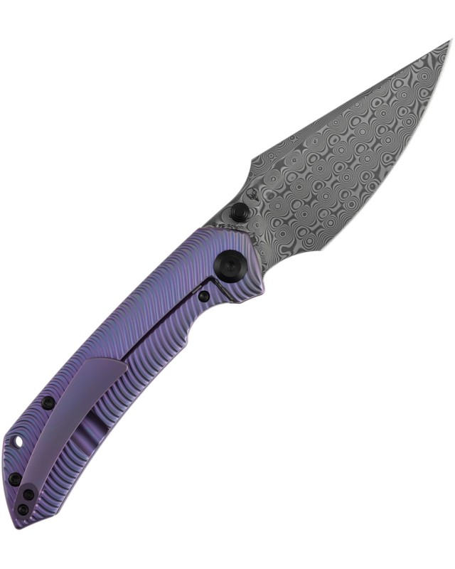 Kansept Fenrir Framelock Damascus Steel Blade Purple Anodized Titanium Handle