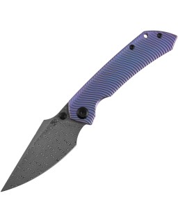Kansept Fenrir Framelock Damascus Steel Blade Purple Anodized Titanium Handle