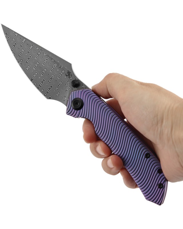 Kansept Fenrir Framelock Damascus Steel Blade Purple Anodized Titanium Handle