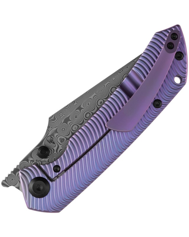 Kansept Fenrir Framelock Damascus Steel Blade Purple Anodized Titanium Handle