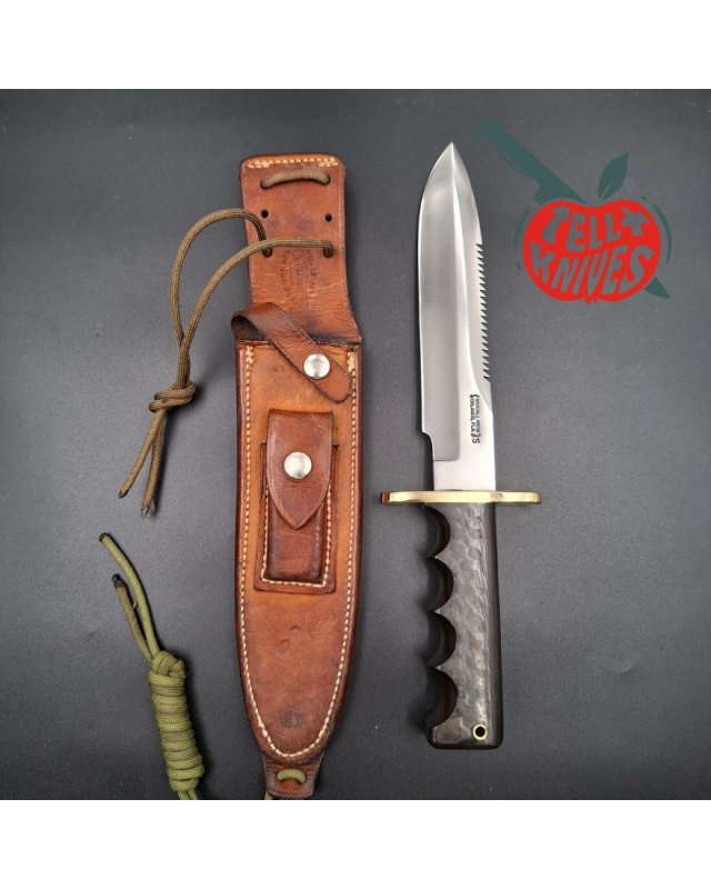 Randall Made Knives Vietnam Era Model 14 full tang forged stainless steel sawteeth brass guard dark green micarta handle