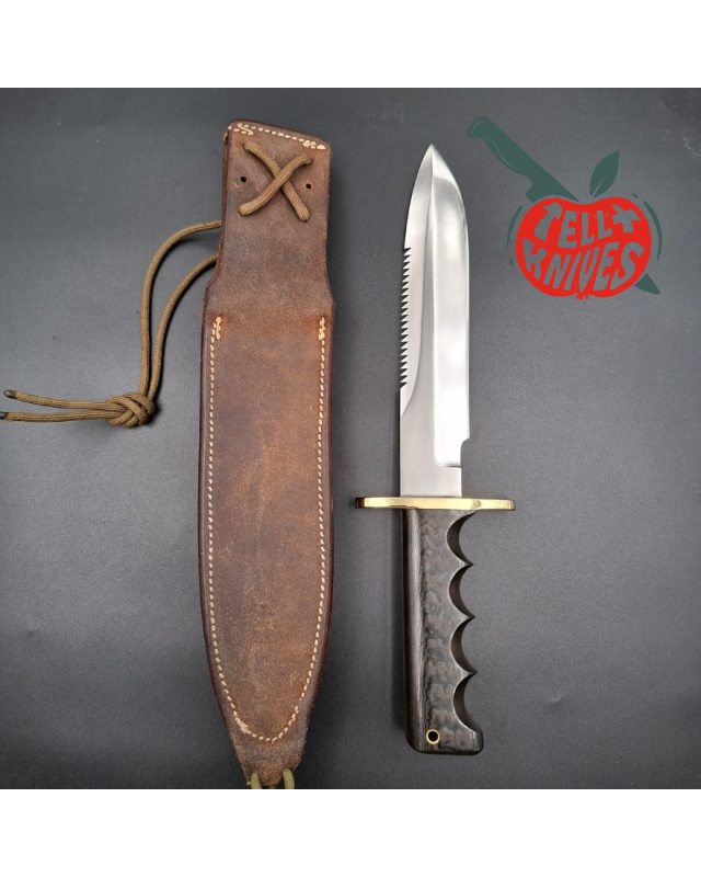 Randall Made Knives Vietnam Era Model 14 full tang forged stainless steel sawteeth brass guard dark green micarta handle