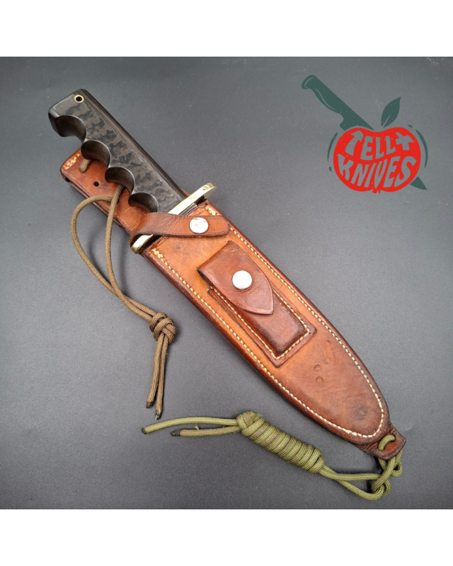 Randall Made Knives Vietnam Era Model 14 full tang forged stainless steel sawteeth brass guard dark green micarta handle