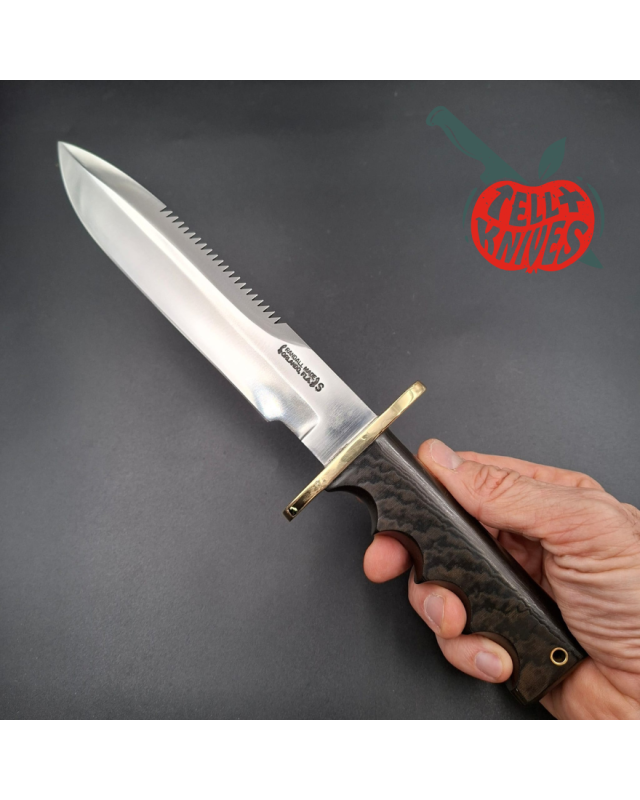 Randall Made Knives Vietnam Era Model 14 full tang forged stainless steel sawteeth brass guard dark green micarta handle