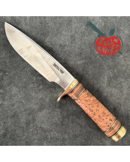 Randall Made Knives Model 25-6 Trapper Knife carbon steel blade thuya wood and stacked leather handle brown leather sheath