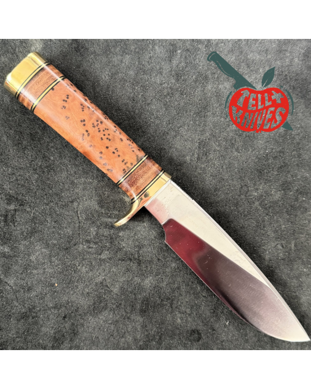 Randall Made Knives Model 25-6 Trapper Knife carbon steel blade thuya wood and stacked leather handle brown leather sheath