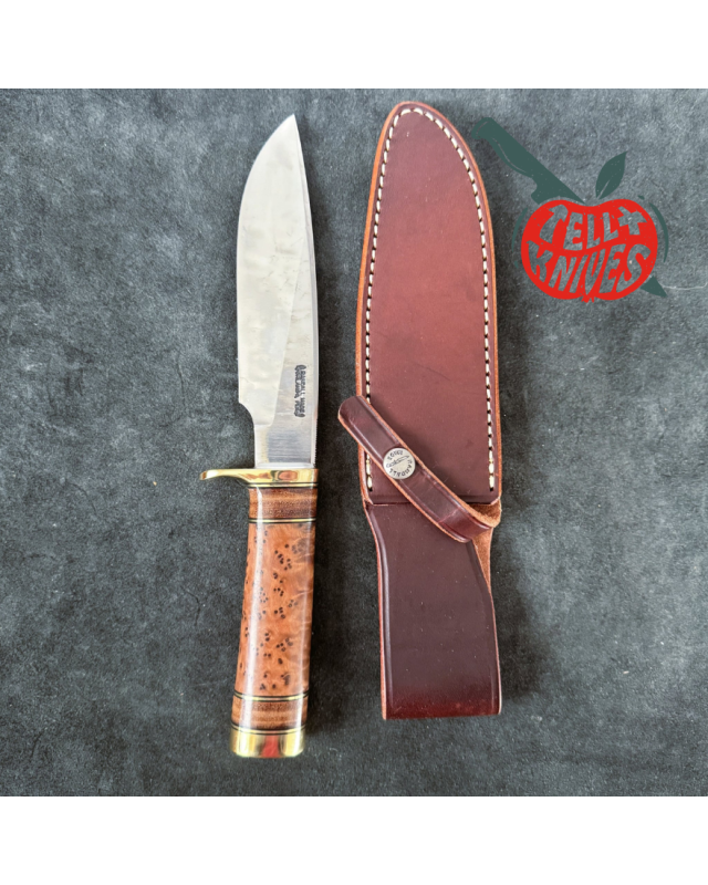 Randall Made Knives Model 25-6 Trapper Knife carbon steel blade thuya wood and stacked leather handle brown leather sheath