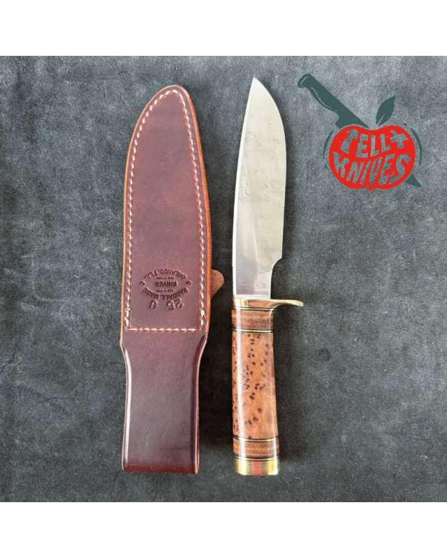 Randall Made Knives Model 25-6 Trapper Knife carbon steel blade thuya wood and stacked leather handle brown leather sheath