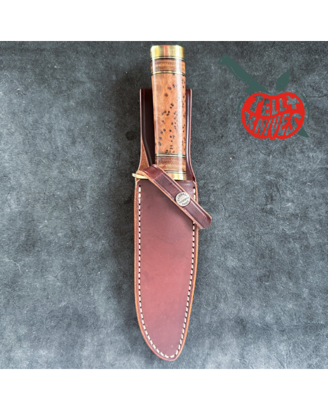Randall Made Knives Model 25-6 Trapper Knife carbon steel blade thuya wood and stacked leather handle brown leather sheath