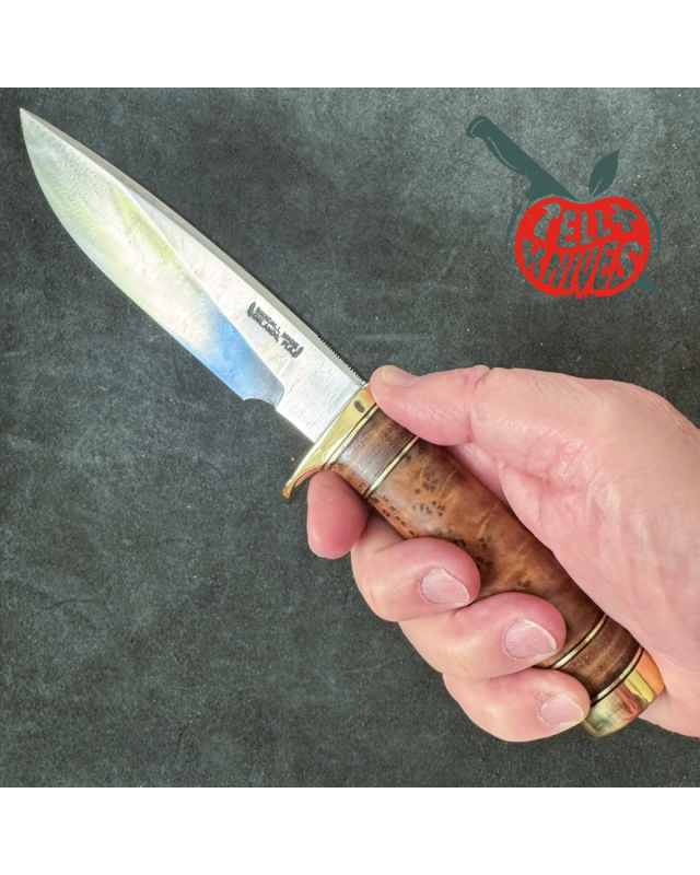 Randall Made Knives Model 25-6 Trapper Knife carbon steel blade thuya wood and stacked leather handle brown leather sheath