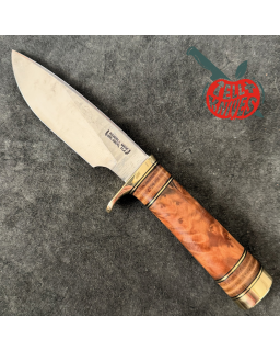 Randall Made Knives Model 25-5 Trapper Knife carbon steel blade thuya wood and stacked leather handle brown leather sheath
