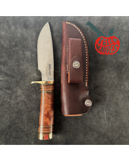 Randall Made Knives Model 25-5 Trapper Knife carbon steel blade thuya wood and stacked leather handle brown leather sheath