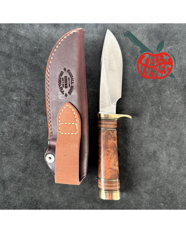 Randall Made Knives Model 25-5 Trapper Knife carbon steel blade thuya wood and stacked leather handle brown leather sheath