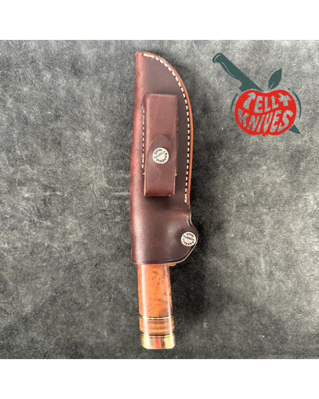 Randall Made Knives Model 25-5 Trapper Knife carbon steel blade thuya wood and stacked leather handle brown leather sheath