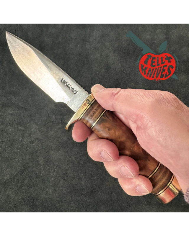 Randall Made Knives Model 25-5 Trapper Knife carbon steel blade thuya wood and stacked leather handle brown leather sheath