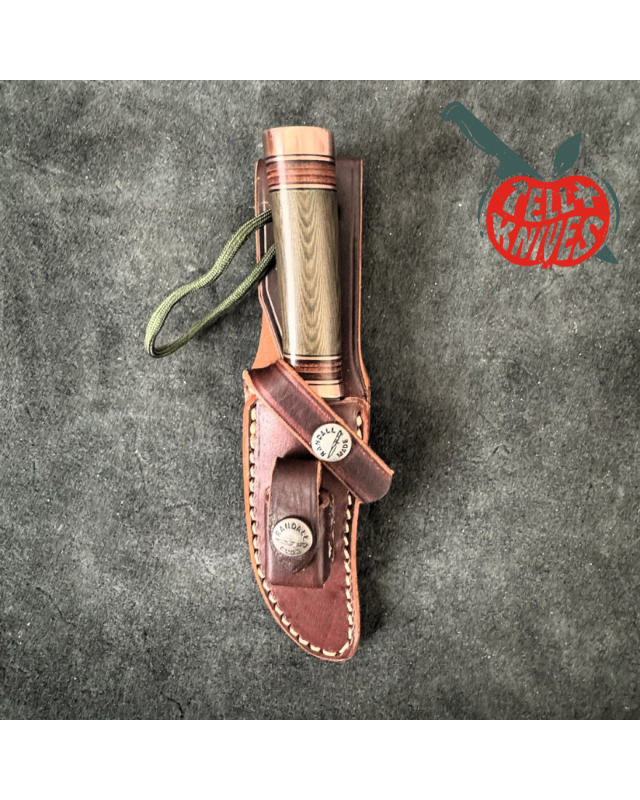 Randall Made Knives Model 27 Mini Copper forged stainless steel green micarta handle copper guard and pommel
