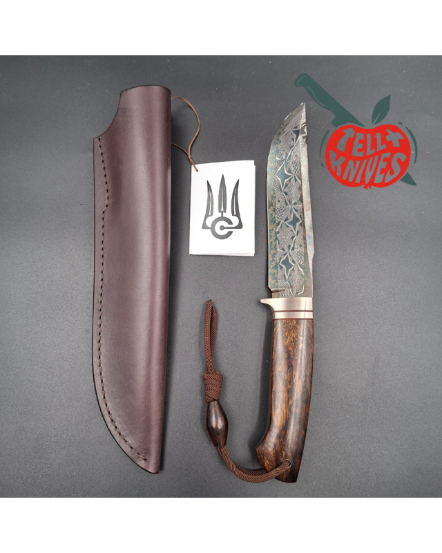 Sergey Shidlovskiy Custom Knives Model Sasquatch Mosaic Damascus blade Wenge wood handle brown leather sheath