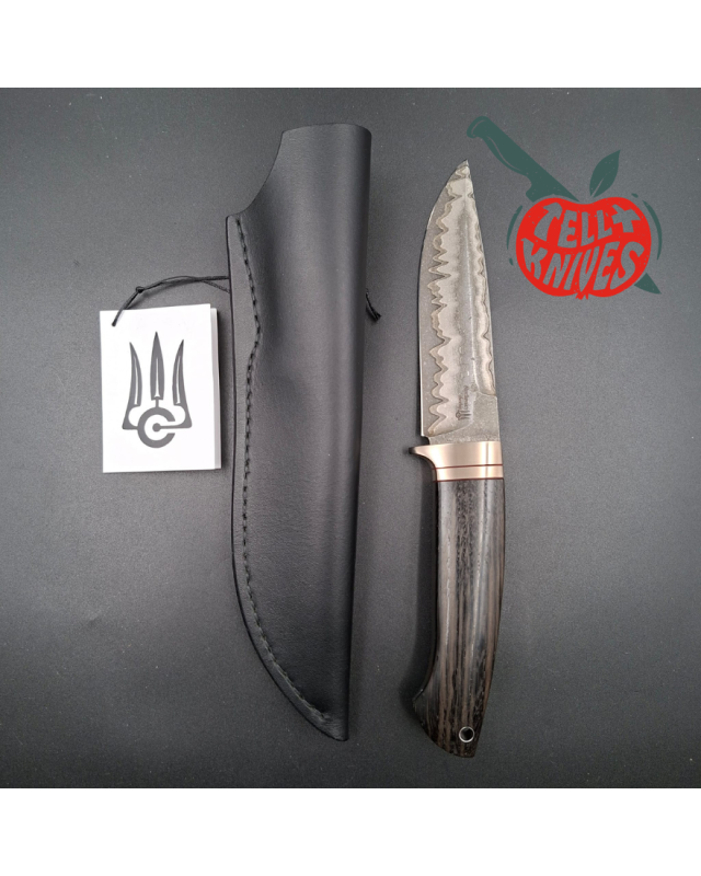 Sergey Shidlovskiy Custom Knives Black Ghost Damascus blade petrified oak handle black leather sheath