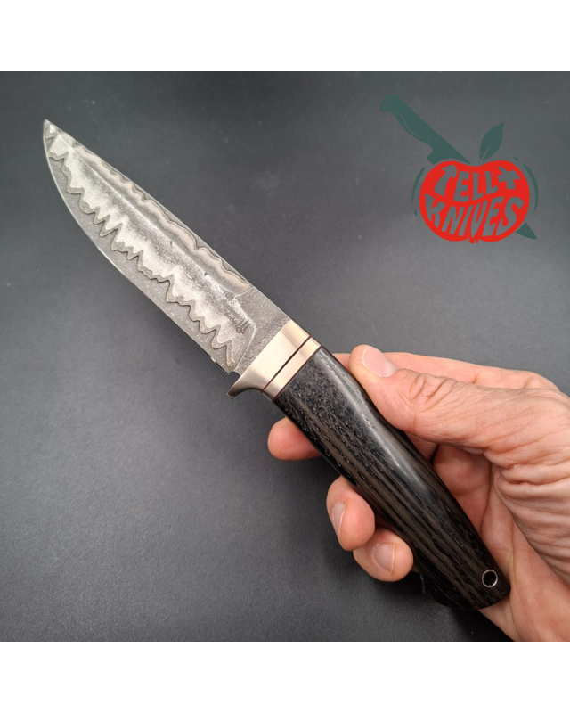 Sergey Shidlovskiy Custom Knives Black Ghost Damascus blade petrified oak handle black leather sheath