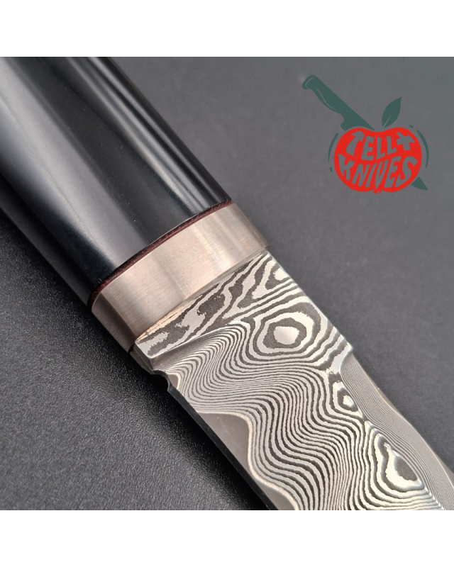 Sergey Shidlovskiy Custom Knives Mini Tanto ELMAX laminate steel polished Black G10 handle black leather sheath