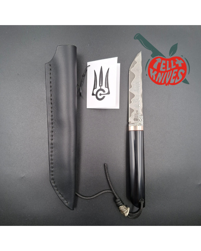 Sergey Shidlovskiy Custom Knives Mini Tanto ELMAX laminate steel polished Black G10 handle black leather sheath