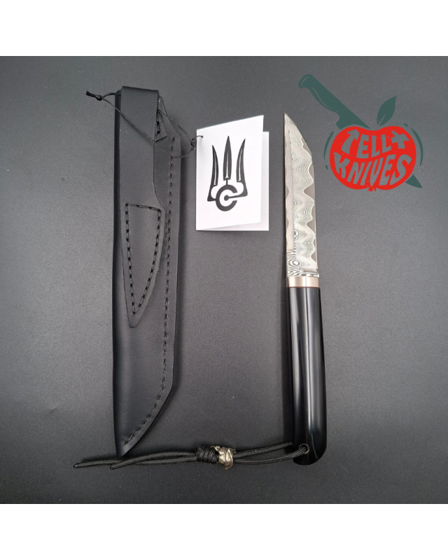 Sergey Shidlovskiy Custom Knives Mini Tanto ELMAX laminate steel polished Black G10 handle black leather sheath