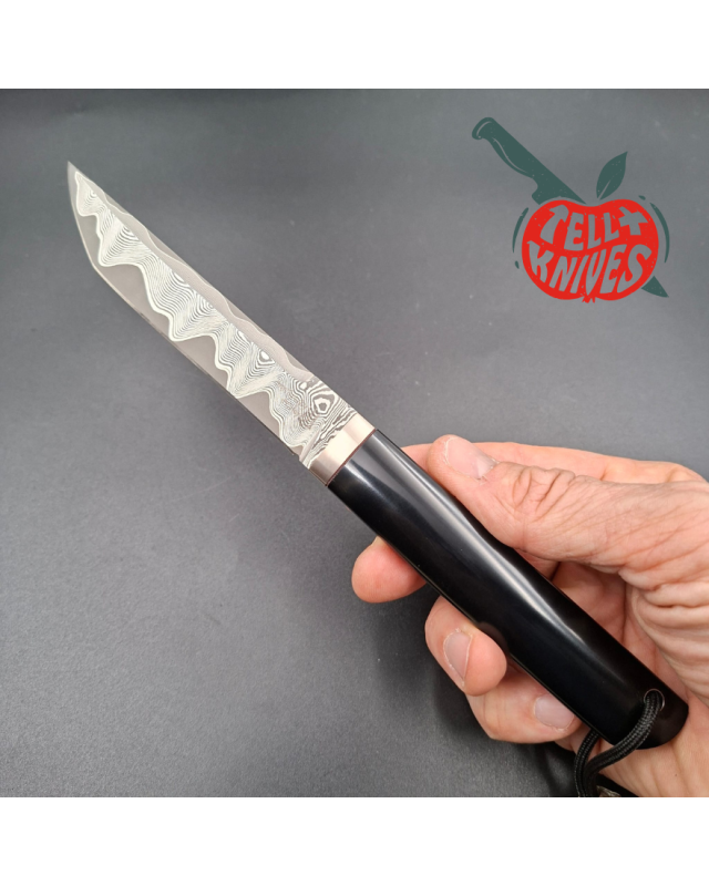 Sergey Shidlovskiy Custom Knives Mini Tanto ELMAX laminate steel polished Black G10 handle black leather sheath