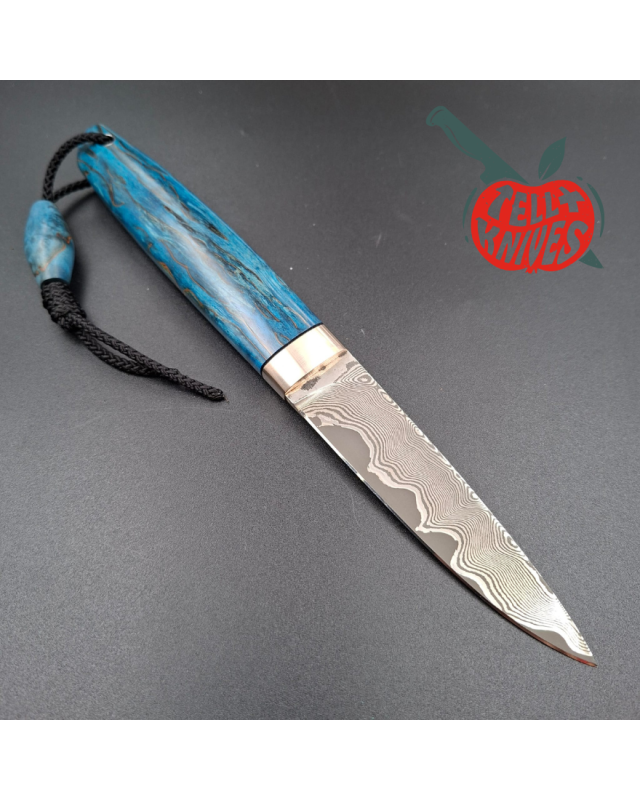 Sergey Shidlovskiy Custom Knives Model Dandy Medium M390 laminate steel Blue Karelian Birch wood handle black leather sh
